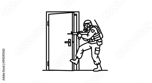 Soldier in gas mask with rifle breaching a door, tactical entry, combat readiness