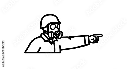 Soldier in gas mask pointing with finger, military, protection, danger, warning, direction