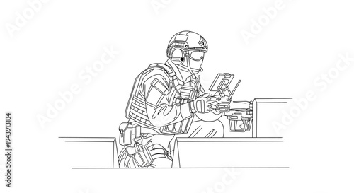 Soldier in tactical gear operating a drone controller, military technology, surveillance, modern warfare