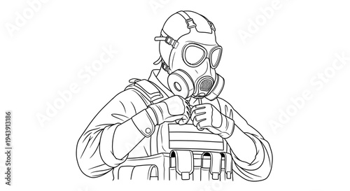 Soldier in Gas Mask and Tactical Vest, Black and White Line Art Illustration