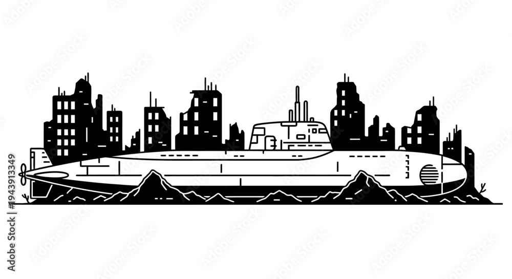 Naklejka premium Submarine Silhouette Against Ruined Cityscape and Mountains