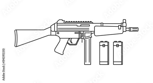 Submachine Gun and Magazines Line Art Illustration - Military Weapon Concept