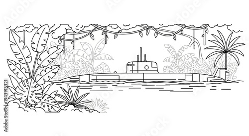 Submarine Navigating Through Lush Tropical Jungle River