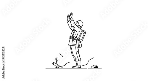 Soldier praying or looking up in awe amidst rubble, black and white illustration