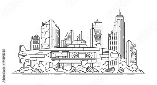 Submarine in Ruined Cityscape: Post-Apocalyptic Scene with Destroyed Buildings