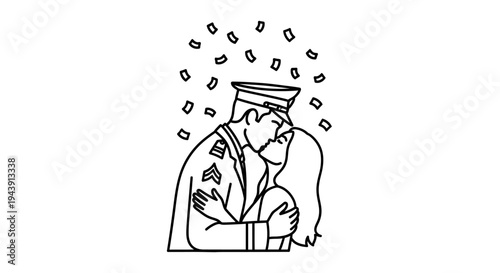 Soldier Returns Home, Embraces Partner Amidst Falling Confetti