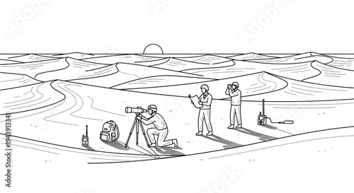 Surveyors in desert landscape measuring terrain with equipment at sunset