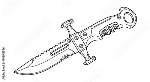 Tactical Combat Knife with Serrated Blade and Guard - Line Art Illustration