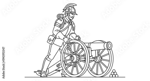 Soldier Loading Cannon, Historical Military Scene, Vintage Warfare Illustration