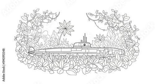 Submarine Hidden in Lush Tropical Jungle, Military Stealth Concept