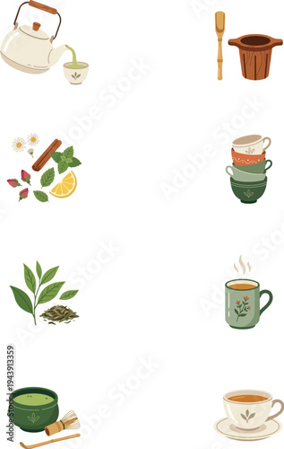 Herbal tea elements set with teapot cups green tea chamomile mint cinnamon and lemon illustration