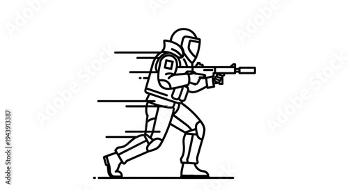 Soldier Running with Rifle, Action Line Art Illustration