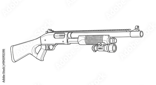 Tactical Shotgun with Tactical Light Attachment - Line Art Illustration