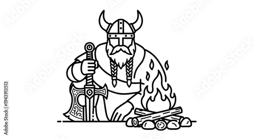 Viking Warrior with Axe and Campfire, Norse Mythology, Scandinavian Warrior