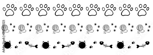 Cat frame cute doodle print, hand drawn border set. Paw print track trail border separator silhouette.