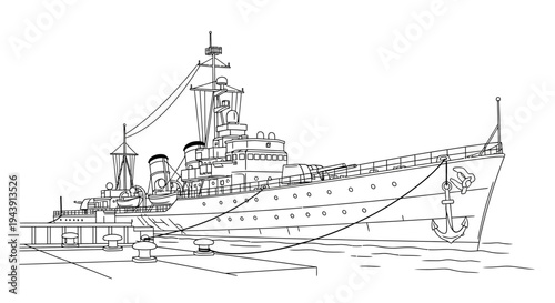 Vintage Battleship Docked at Port, Nautical Warship Illustration, Maritime History