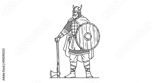 Viking Warrior with Axe and Shield, Outline Illustration