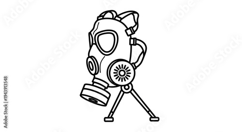Vintage Gas Mask on Tripod Stand, Retro Protective Respirator, Outline Drawing