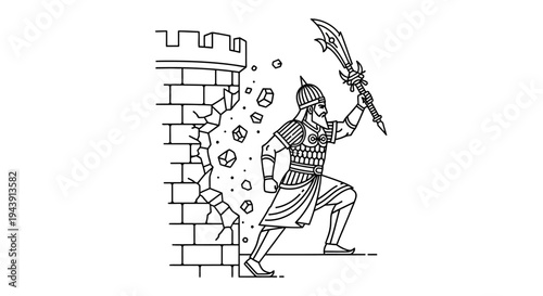 Warrior Breaks Through Castle Wall with Sword, Medieval Siege Concept