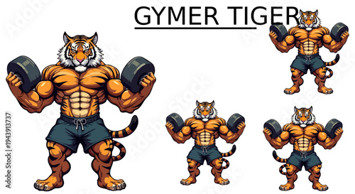 Muscular anthropomorphic tiger character lifting heavy circular weights while demonstrating intense bodybuilding dedication for fitness and strength related graphic design projects