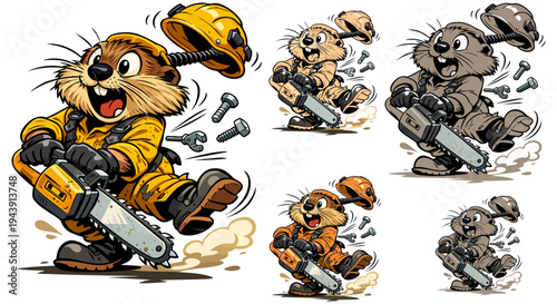 A vibrant cartoon groundhog character, wearing a bright yellow hard hat and sturdy orange overalls, joyfully wields a powerful chainsaw, creating a dynamic scene with flying nuts and bolts to emphasiz