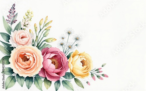 Watercolor bouquet of roses daisies and berries on white background.
