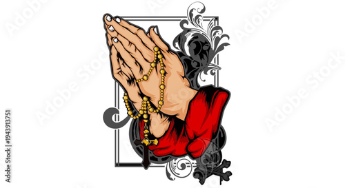 Detailed illustration depicts a pair of praying hands tightly clasped together holding a golden rosary beads symbolizing deep religious devotion and spiritual hope.