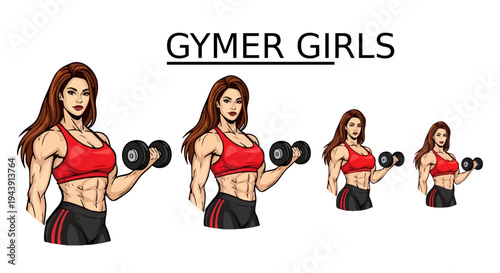 A captivating collection of four stylized and muscular female figures, each expertly lifting dumbbells, showcasing immense strength and dedicated fitness. These vibrant vector illustrations depict pow