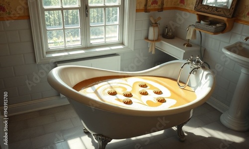 Humorous and surreal bathroom scene with a bathtub filled with a frothy, giant cappuccino, complete with latte art, and tiny floating biscuits, warm morning light, for quirky comfort concepts.