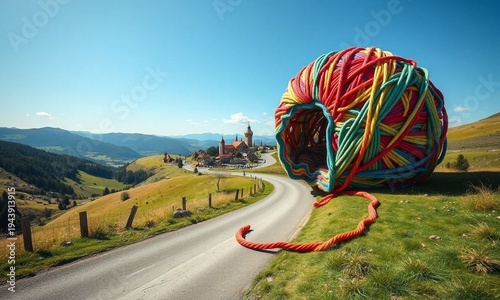 Playful outdoor scene with a giant, colorful yarn ball unraveling across a serene landscape, turning into a winding road leading to a whimsical town, bright daylight, for travel and creativity.