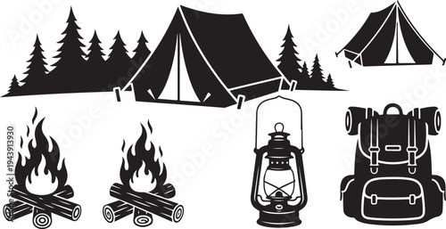 Camping illustration with tent, fire, lantern, and backpack icons