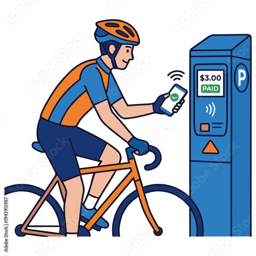 A cyclist uses a smartphone to pay for parking at a meter.
