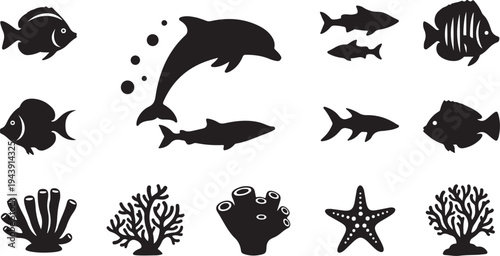 Black silhouettes of ocean animals and coral reef icons set