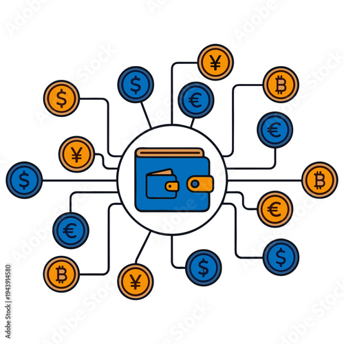 A digital illustration of a wallet with various currencies connected to it.
