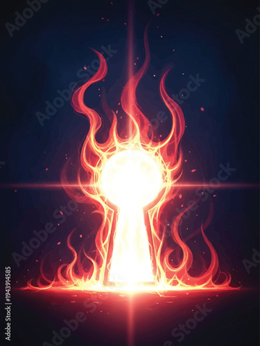 Flaming Key on Fire in Dark Background