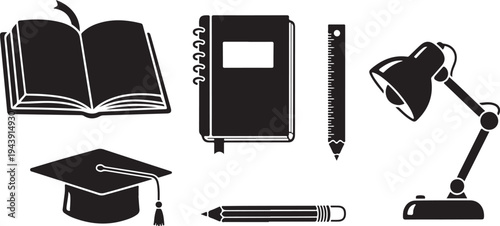 Education icons including graduation cap and books illustration set