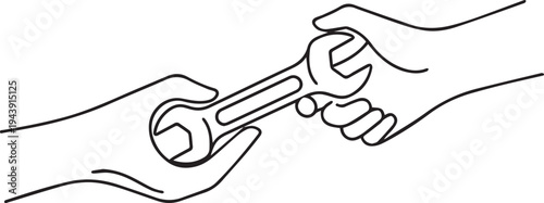 Vector illustration of two hands passing a wrench
