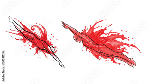 Vector Silhouette of a Woman Swimmer in Freestyle Stroke with Red Splash