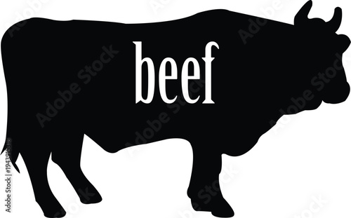 A sturdy black silhouette of a bull or steer, showing a heavier muscular build and horns. The word "beef" is written in a white, narrow lowercase serif font across the torso