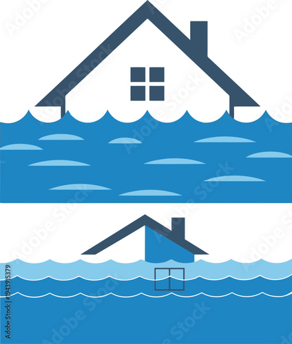 House flooding icon - vector illustration of home submerged in water for disaster, insurance, and risk concepts, flood icon, natural disaster, water damage, property risk