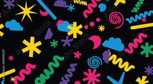 Colorful abstract shapes and swirls on black background - festive party pattern with festive design with swirls with stars with clouds with confetti with celebration