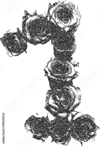 Rose number 1 vintage y2k stipple art, rose number halftone stipple brutalist retro vector png with transparent background, floral 2000s aesthetic photocopy effect tattoo