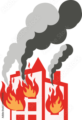 Red building in flames with dark smoke - illustration of fire hazard with smoke with flames with emergency with destruction with disaster with illustration with building