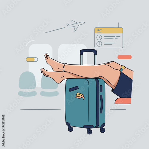 Person's legs resting on a suitcase inside an airplane cabin, illustrating comfortable air travel.