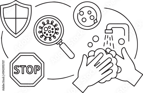 Vector illustration of COVID-19 prevention icons, hand washing, and shield
