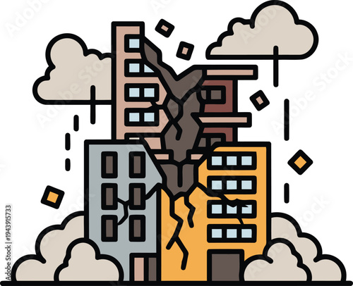 Collapsing buildings and cracked structures illustrating earthquake disaster and natural catastrophe impact with collapsing building with destruction icon with damaged city