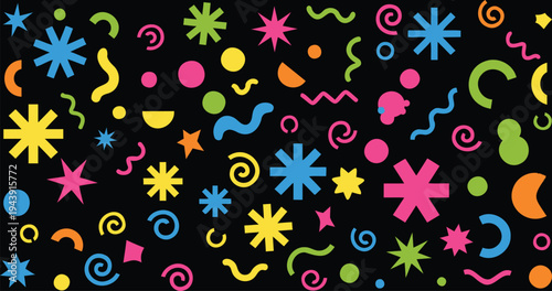 Bright multicolored geometric and organic shapes pattern on black background for celebration and kids design with colorful shapes with organic blobs with bright stars