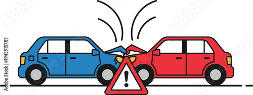 Two cars in head-on collision with warning triangle icon illustrating road accident and auto insurance with car collision with head on crash with vehicle damage