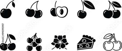 Set of minimalist black cherry fruit icons including pie slice and blossom for dessert, food, and summer design elements, black cherries, simple icons, silhouette icons