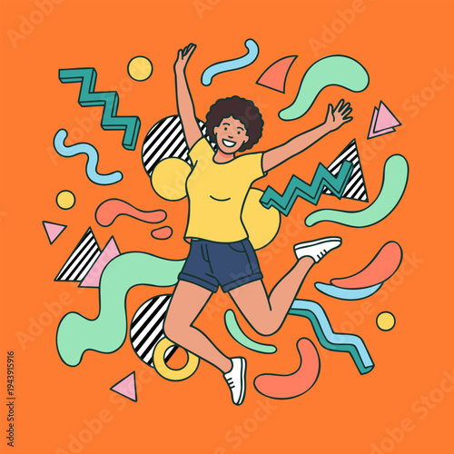 Happy woman jumping with arms raised, surrounded by colorful abstract geometric shapes on an orange background, in a vibrant illustration style.